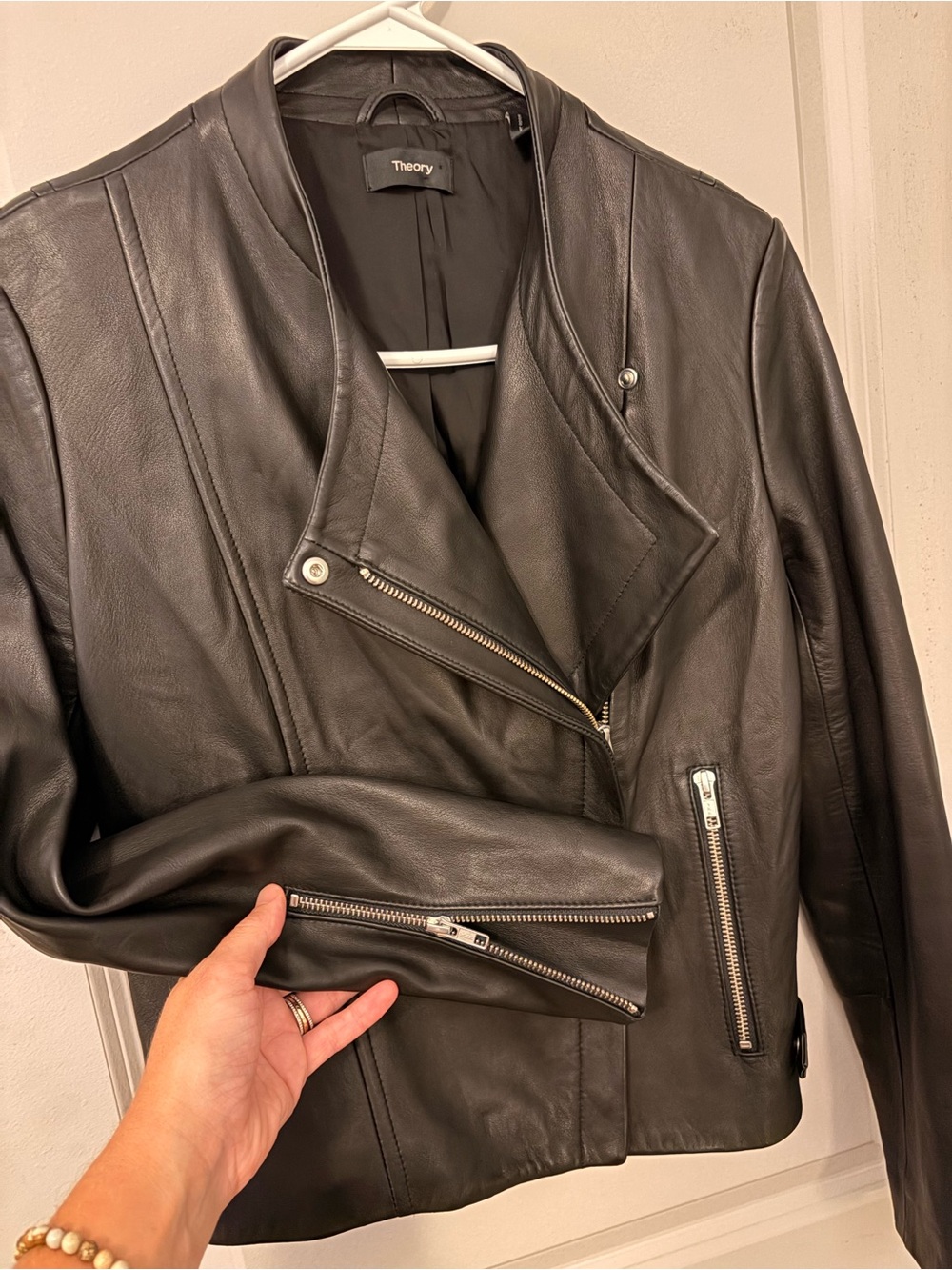 Theory Black Leather Asymmetrical Zip Moto Jacket
